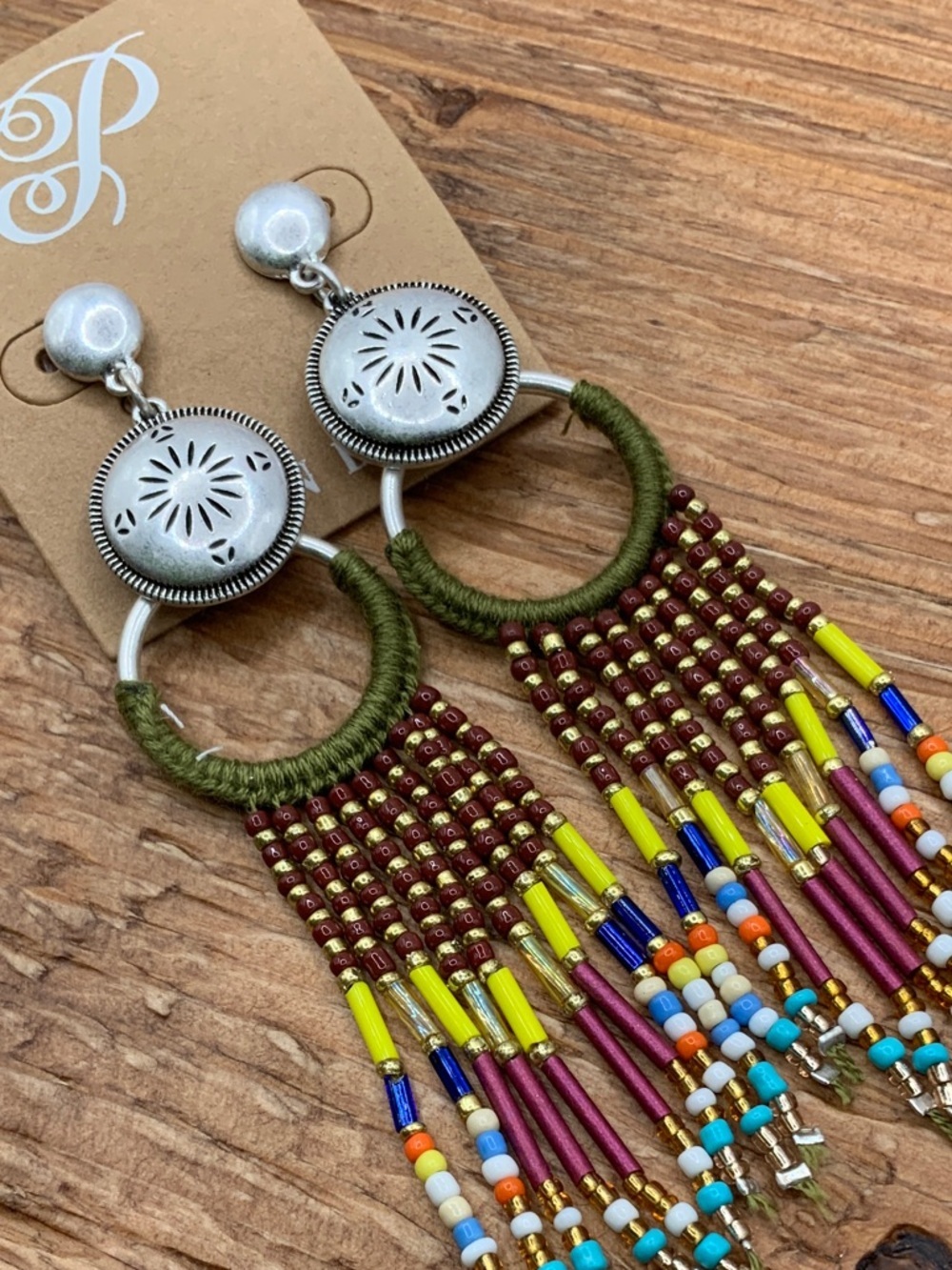 Plunder Design Clea Olive Green Multicolor Beaded Fringe Dangle Earrings